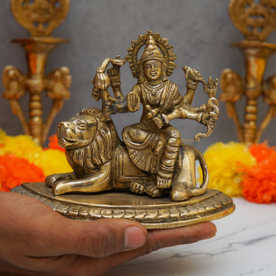 Brass Goddess Durga Statue With Sitting Lion 4.5 Inch