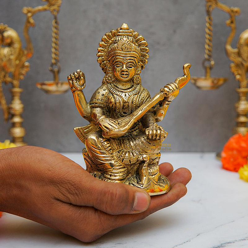 Brass Saraswati Idol For Temple Decor 5 Inch