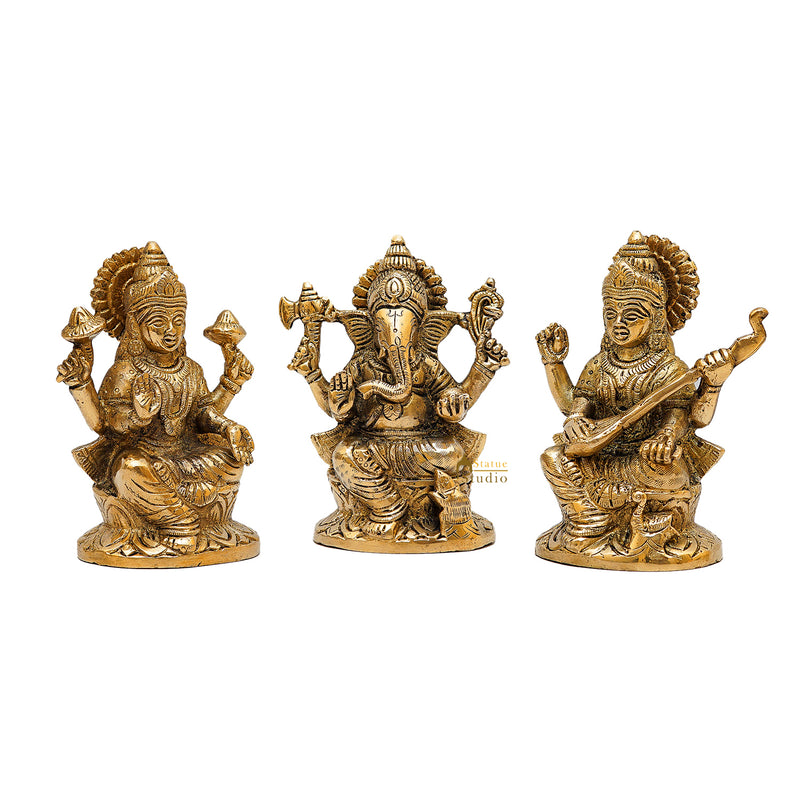 Brass Ganesha Lakshmi Saraswati Idols For Diwali Home Puja Décor Gift 5"