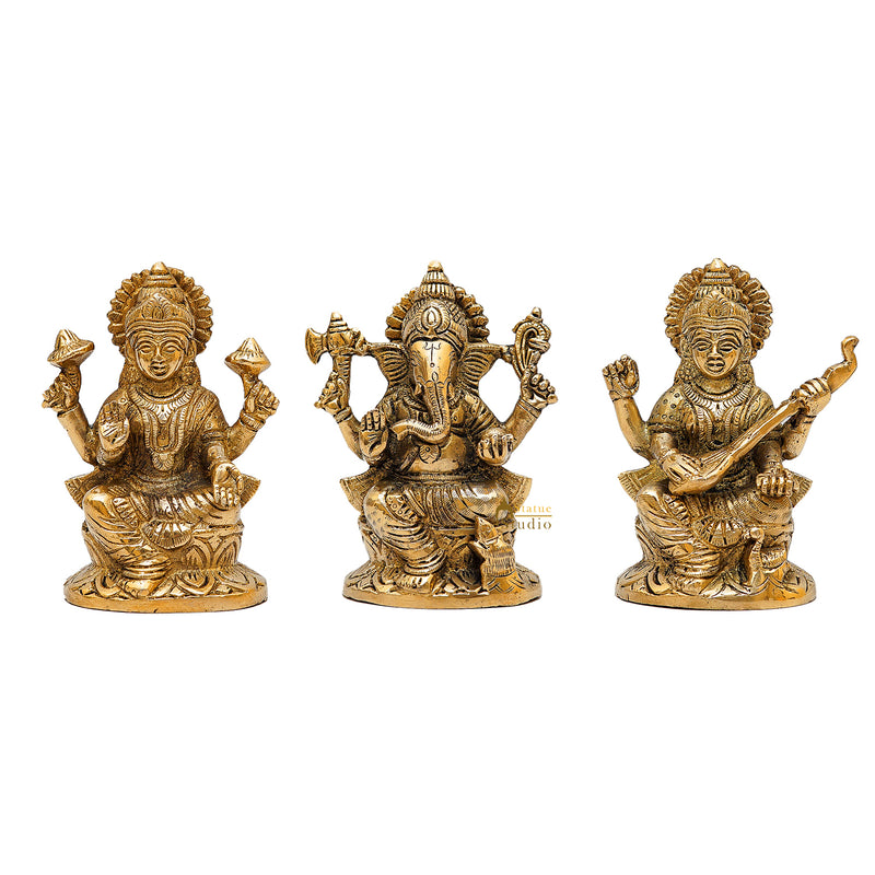 Brass Ganesha Lakshmi Saraswati Idols For Diwali Home Puja Décor Gift 5"