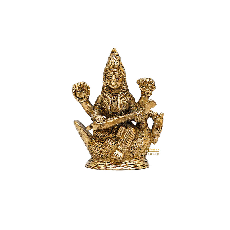 Brass Saraswati Statue For Home Decor 4 Inch