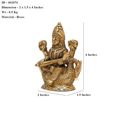 Brass Saraswati Statue For Home Decor 4 Inch