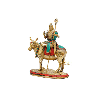 Brass Shiva Idol Seated On Nandi Stone Work 9 Inch