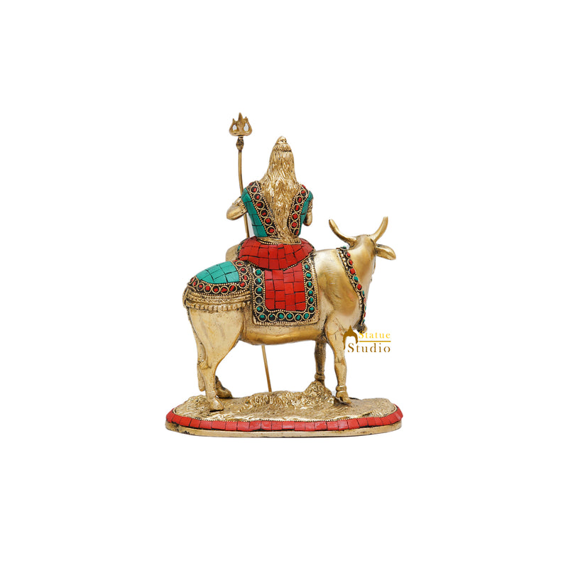 Brass Shiva Idol Seated On Nandi Stone Work 9 Inch