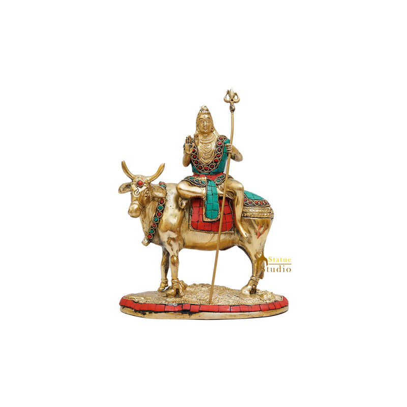 Brass Shiva Idol Seated On Nandi Stone Work 9 Inch