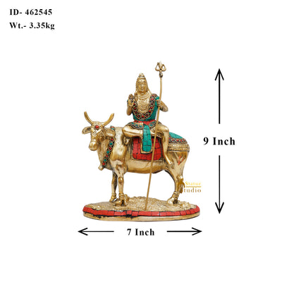 Brass Shiva Idol Seated On Nandi Stone Work 9 Inch