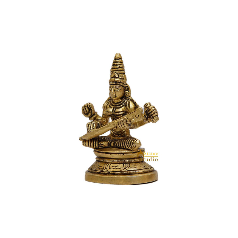 Brass Small Saraswati Statue For Home Decor 3.5 Inch