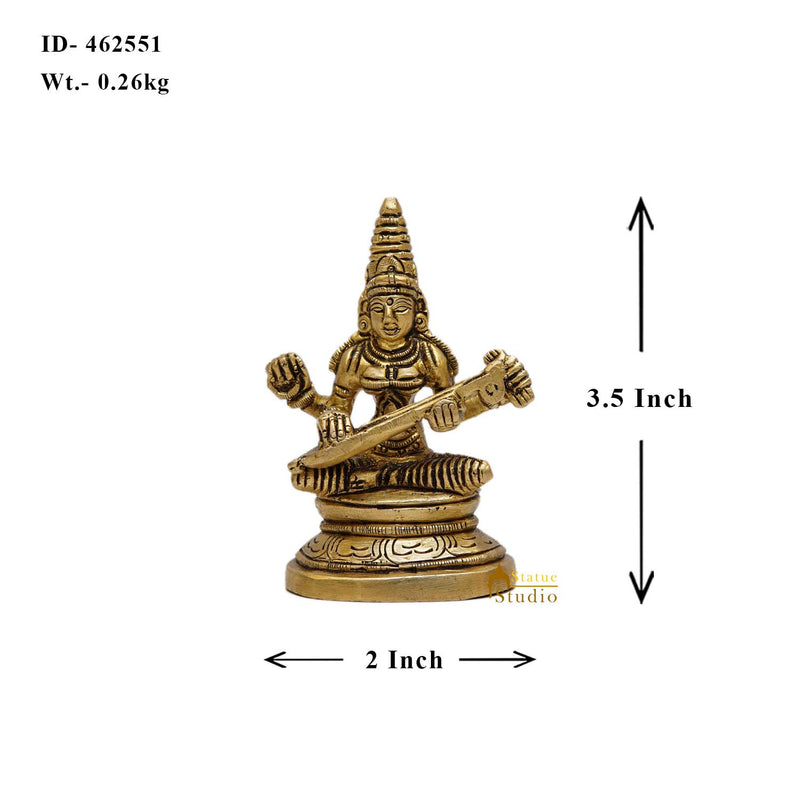 Brass Small Saraswati Statue For Home Decor 3.5 Inch