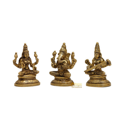 Brass Ganesha Lakshmi Saraswati Idols For Diwali Home Puja Decor 3.5"