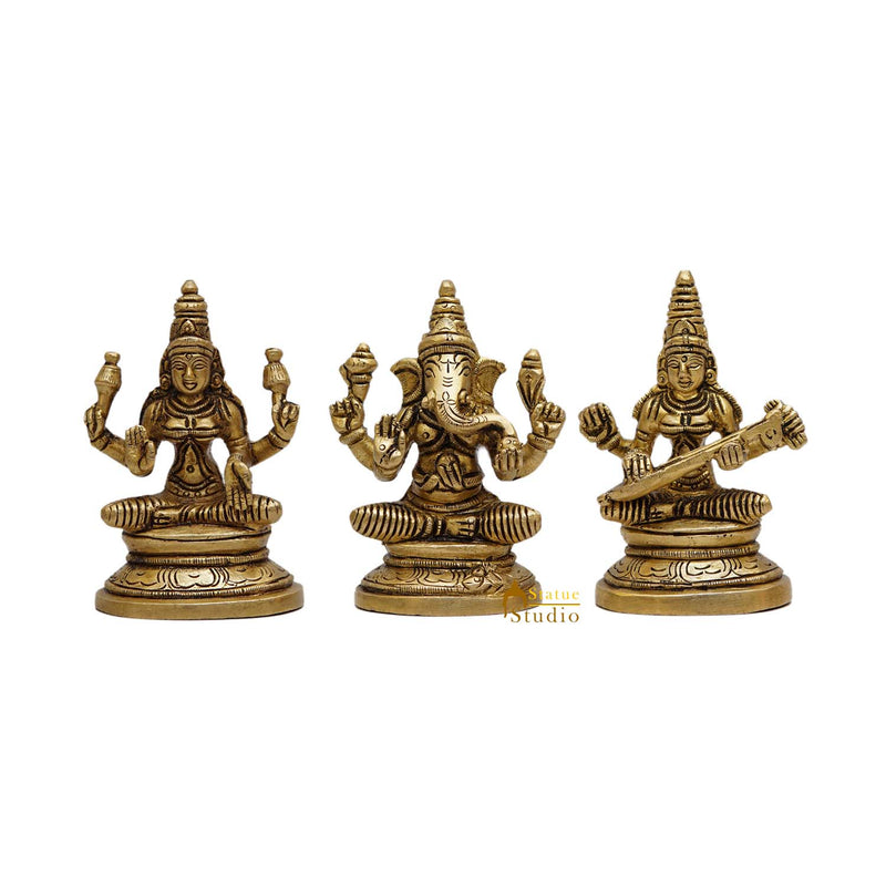 Brass Ganesha Lakshmi Saraswati Idols For Diwali Home Puja Decor 3.5"