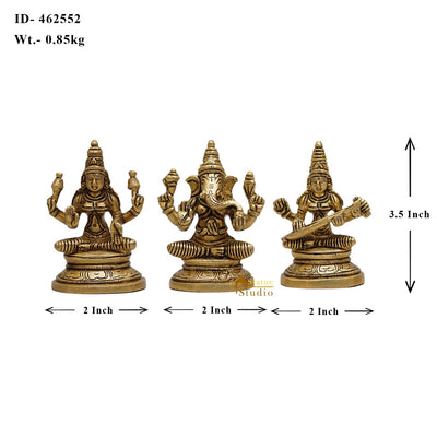 Brass Ganesha Lakshmi Saraswati Idols For Diwali Home Puja Decor 3.5"