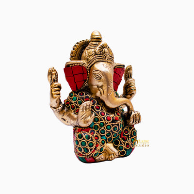 Brass Lord Ganapati Idol Stone Work For Home Decor Gifting 4"