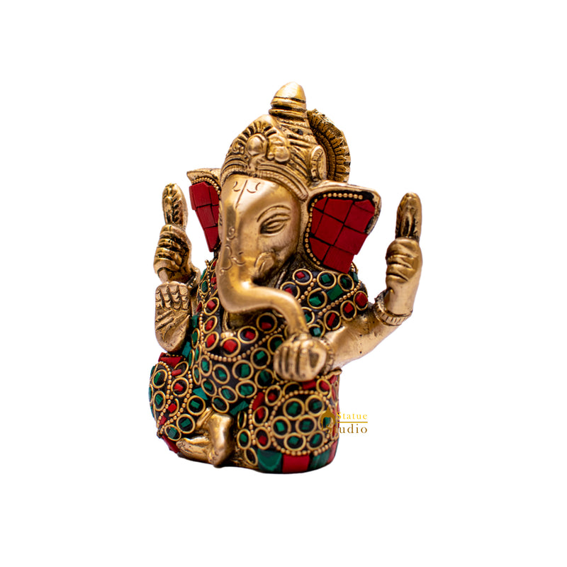 Brass Lord Ganapati Idol Stone Work For Home Decor Gifting 4"