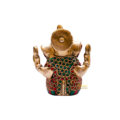 Brass Lord Ganapati Idol Stone Work For Home Decor Gifting 4"