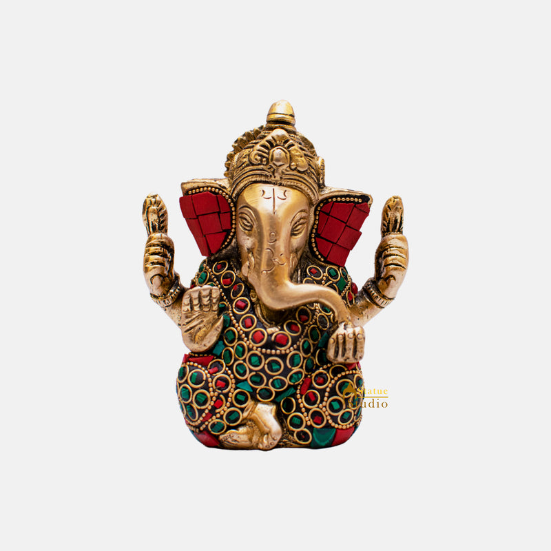 Brass Lord Ganapati Idol Stone Work For Home Decor Gifting 4"