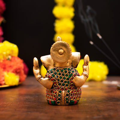 Brass Lord Ganapati Idol Stone Work For Home Decor Gifting 4"