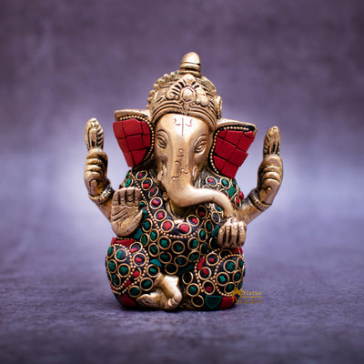 Brass Lord Ganapati Idol Stone Work For Home Decor Gifting 4"