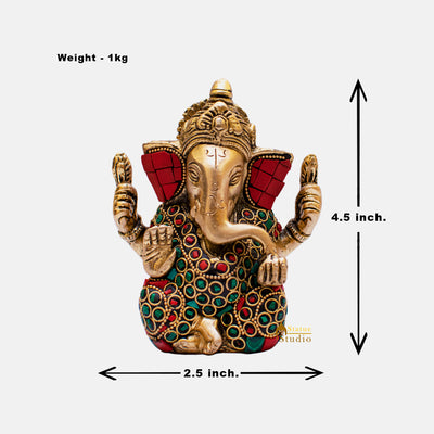 Brass Lord Ganapati Idol Stone Work For Home Decor Gifting 4"