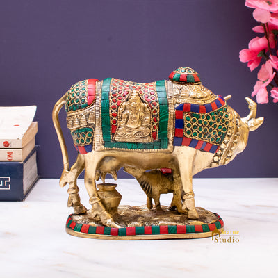 Brass Cow With Calf Idol Lakshmi Ji Engraved Home Pooja Room Decor Showpiece 6"