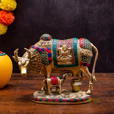 Brass Cow With Calf Idol Lakshmi Ji Engraved Home Pooja Room Decor Showpiece 6" - SKU - 462635