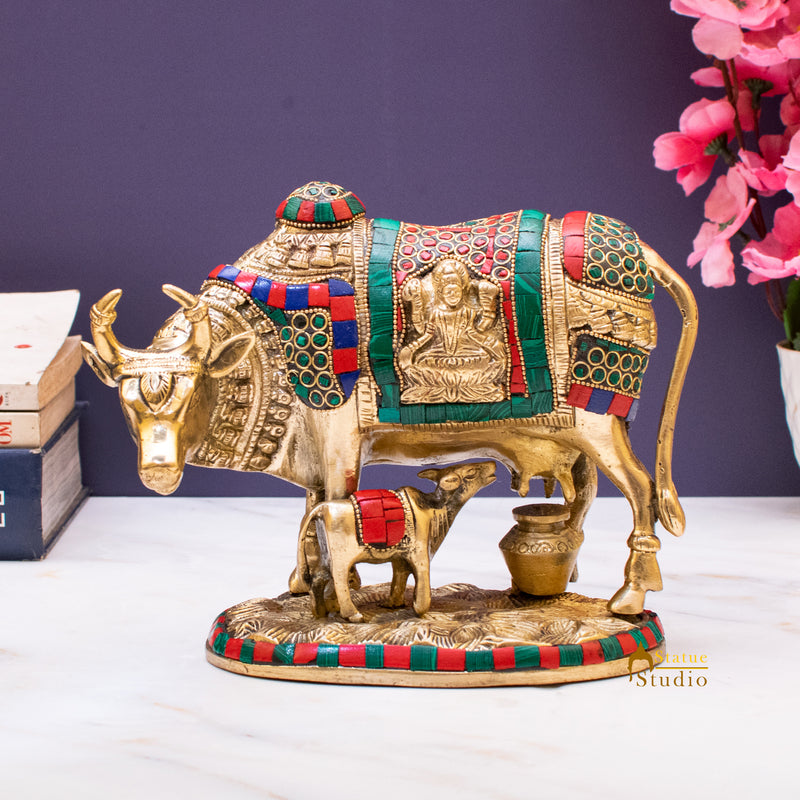 Brass Cow With Calf Idol Lakshmi Ji Engraved Home Pooja Room Decor Showpiece 6"