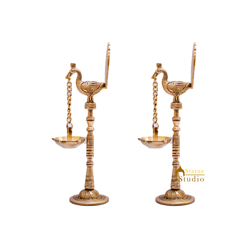 Brass Peacock Pair Diya Lamp For Home Temple Decor 9 Inch