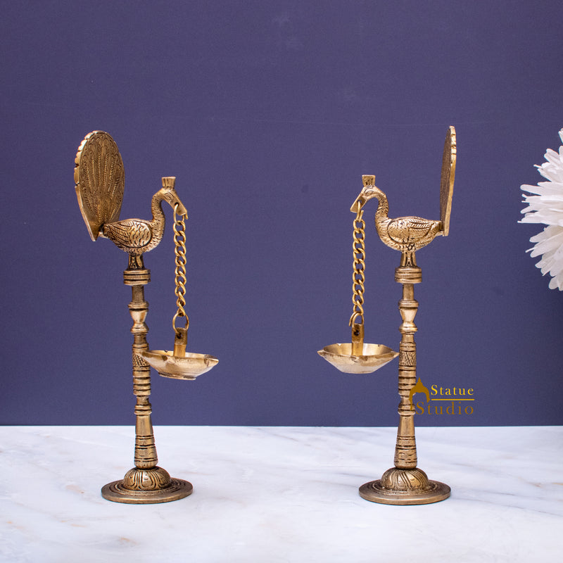 Brass Peacock Pair Diya Lamp For Home Temple Decor 9 Inch