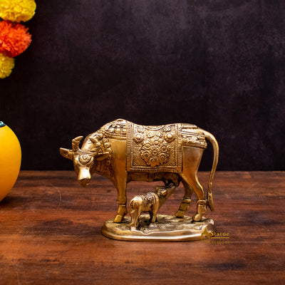 Brass Cow With Calf Home Pooja Room Showpiece 4" Decor - SKU - 462639