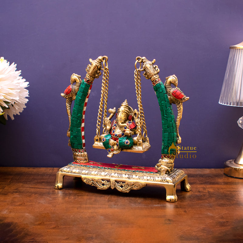 Brass Ganesha Jhula Idol Stone Work For Home Temple Decor 9"