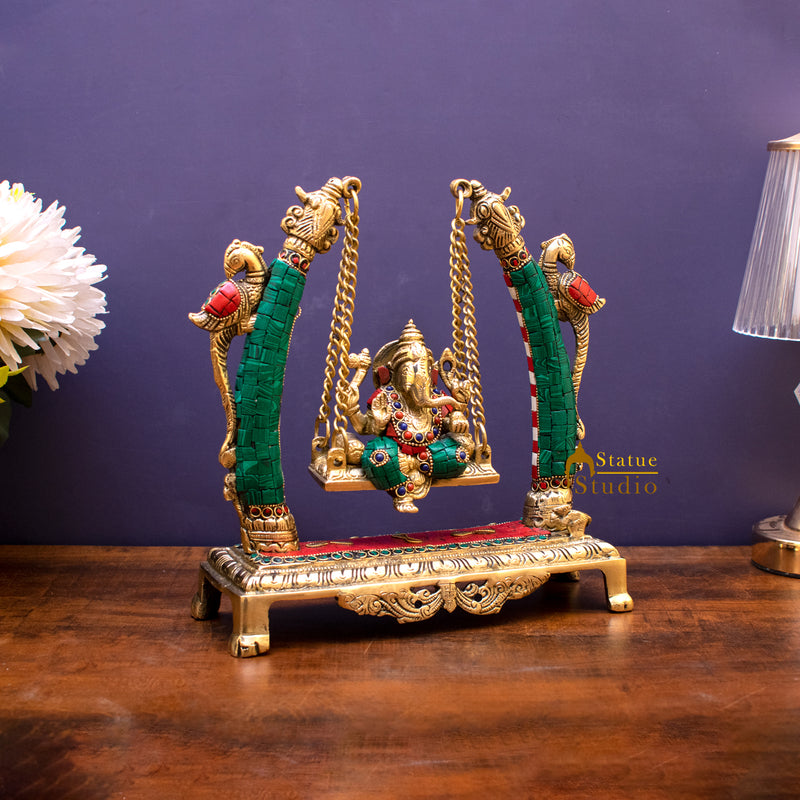 Brass Ganesha Jhula Idol Stone Work For Home Temple Decor 9"