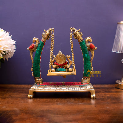 Brass Ganesha Jhula Idol Stone Work For Home Temple Decor 9"