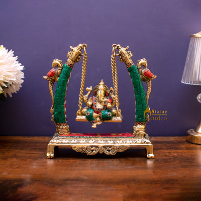 Brass Ganesha Jhula Idol Stone Work For Home Temple Decor 9"