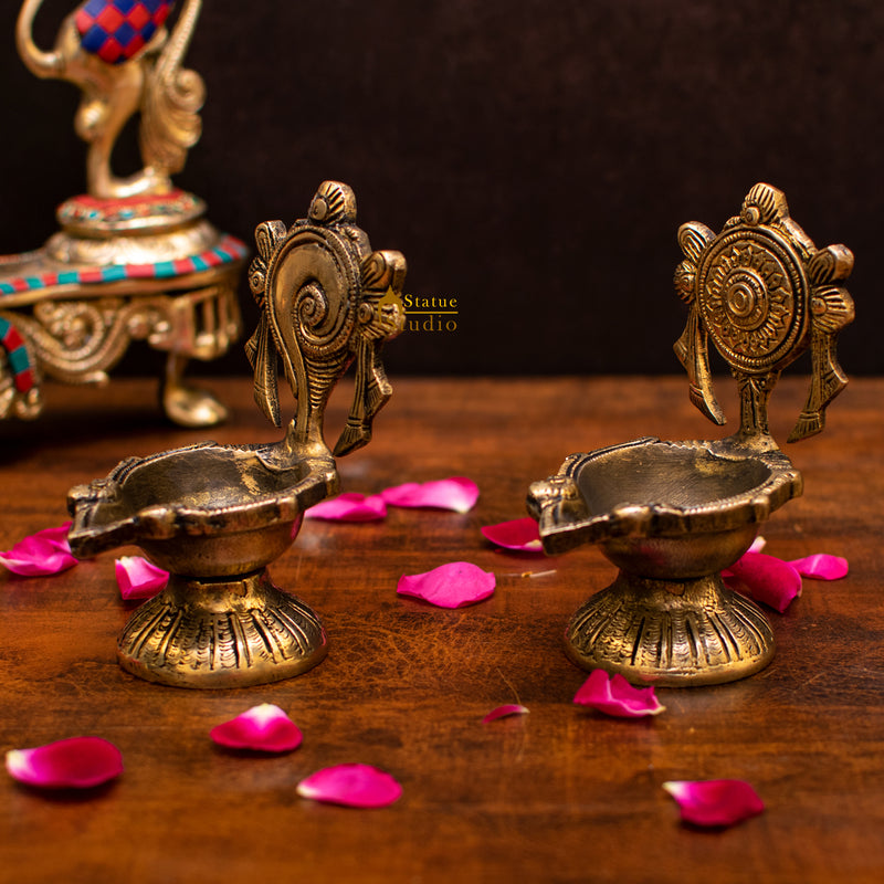 Brass Shankh Chakra Diya Lamp 5 Inch