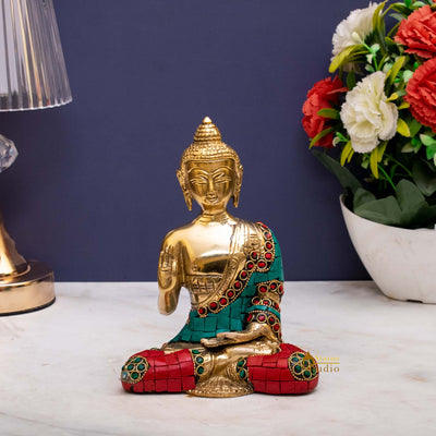 Brass Blessing Buddha Statue Stone Work Showpiece For Home Decor 6" - 462685