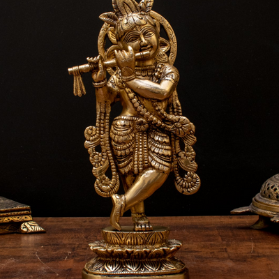 Brass Krishna Statue with Flute 10" by StatueStudio