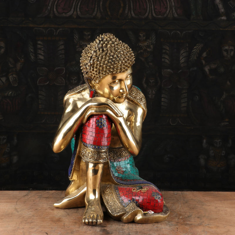 Brass Resting Buddha Idol on Knees Multi Stone Work For Home Decor 16"