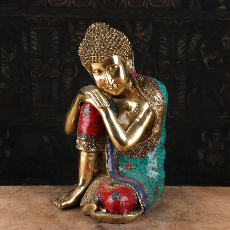 Brass Resting Buddha Idol on Knees Multi Stone Work For Home Decor 16" - 462829