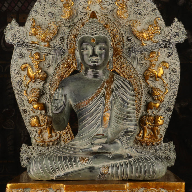 Brass Large Buddha Statue With Base And Frame Antique Finish For Decor 2 Feet