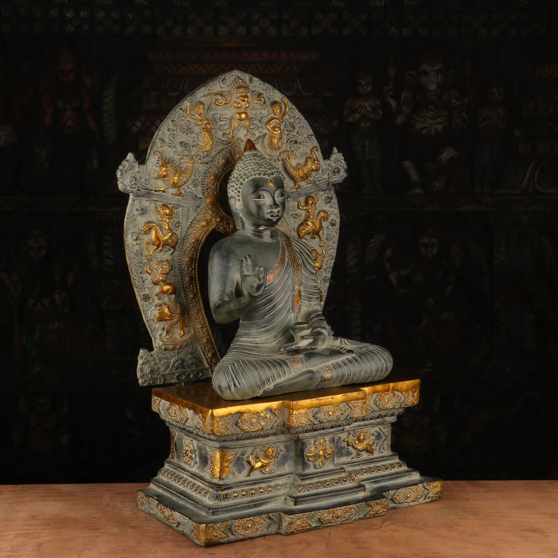 Brass Large Buddha Statue With Base And Frame Antique Finish For Decor 2 Feet