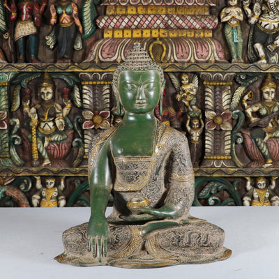 Brass Lord Buddha Statue Vintage Green Finish For Home Decor 16" - 462833