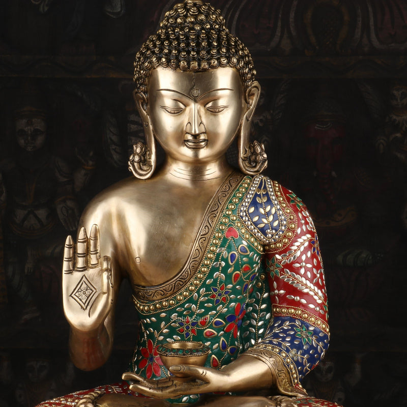 Brass Blessing Buddha Statue Stone Work For Home Decor Showpiece 20"