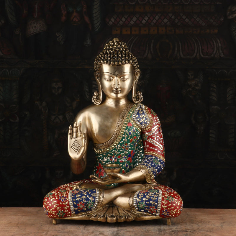 Brass Blessing Buddha Statue Stone Work For Home Decor Showpiece 20"