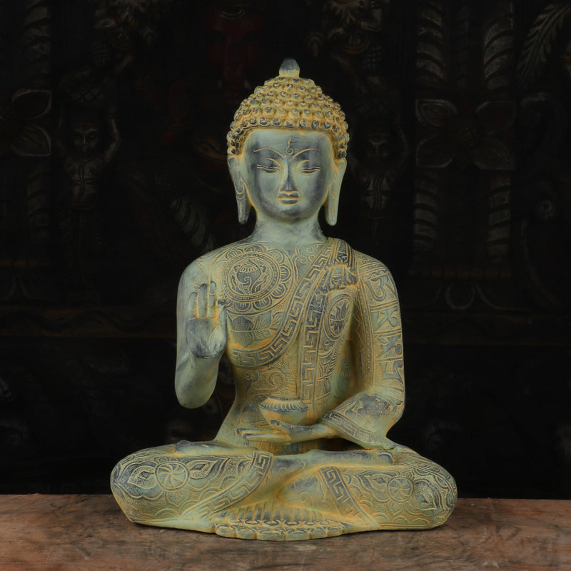 Brass Blessing Buddha Statue Vintage Blue Shed For Home Decor Showpiece 13"