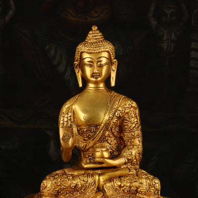 Brass Small Buddha Statue Sitting On Base For Home Decor Showpiece 9"