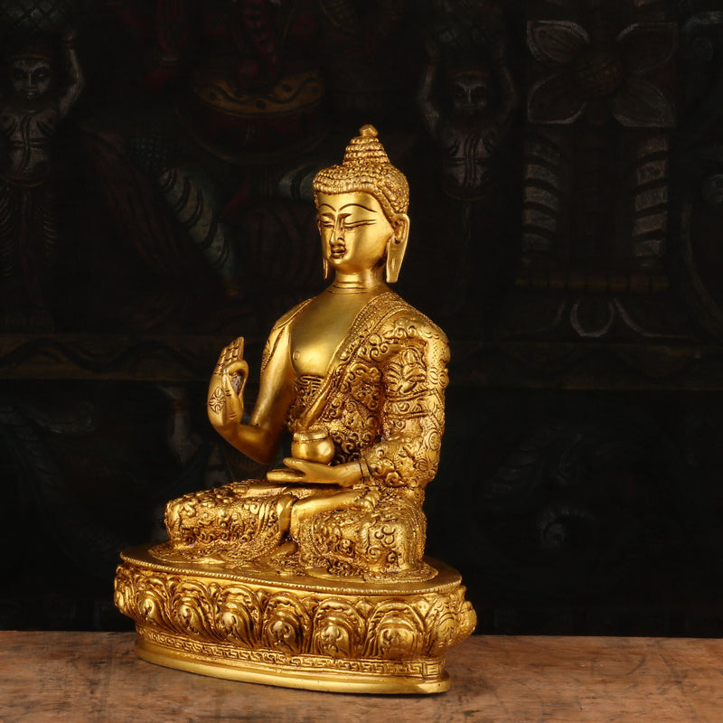 Brass Small Buddha Statue Sitting On Base For Home Decor Showpiece 9"