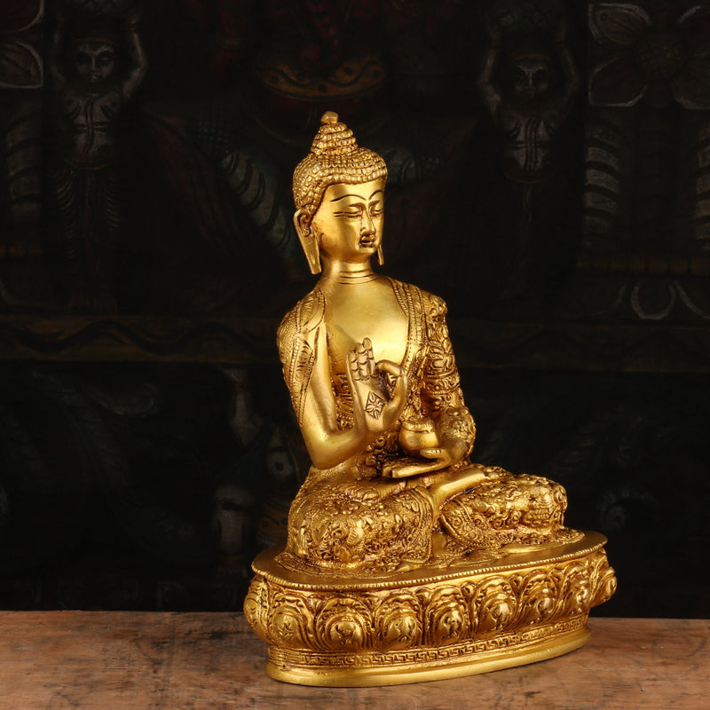 Brass Small Buddha Statue Sitting On Base For Home Decor Showpiece 9"