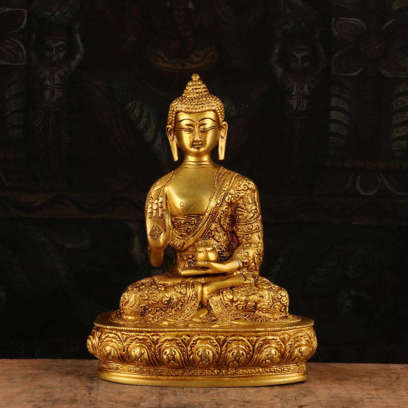 Brass Small Buddha Statue Sitting On Base For Home Decor Showpiece 9" - 462843