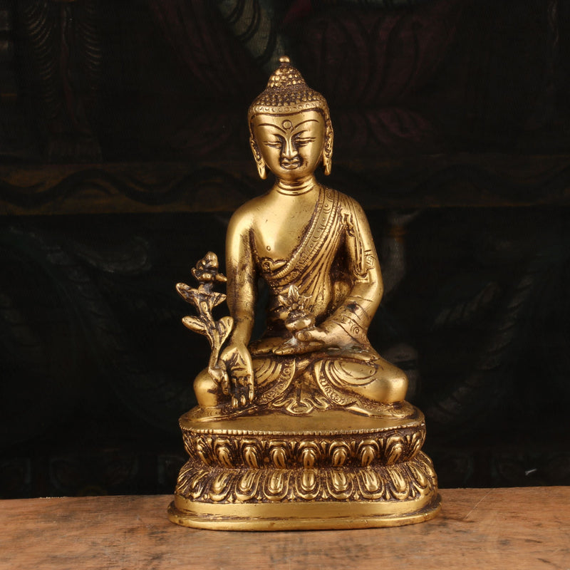 Brass Small Buddha Statue Sitting On Base Vintage Gold Finish For Home Decor 7"