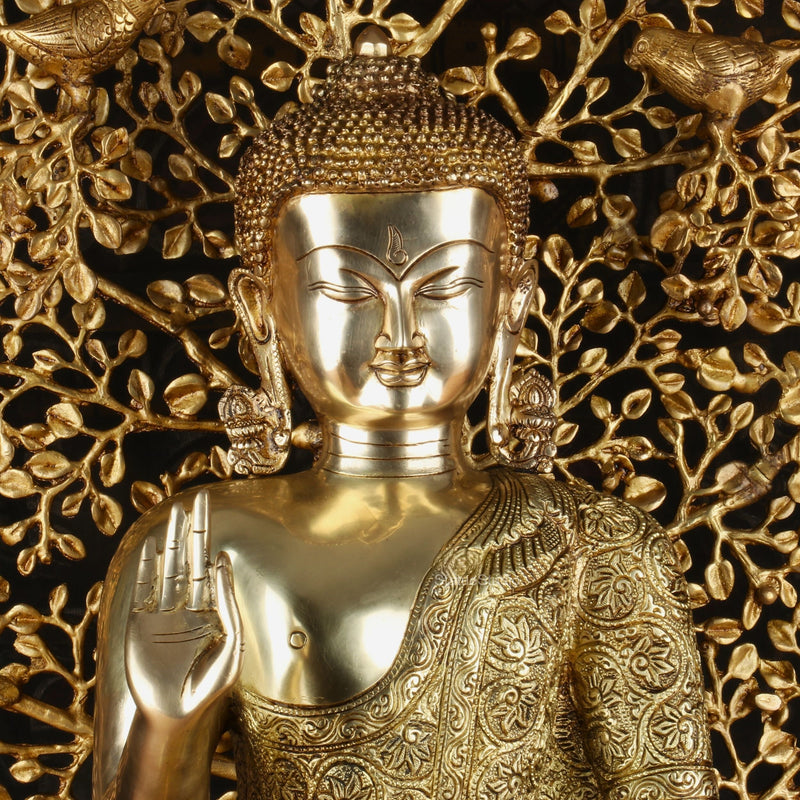 Brass Buddha Statue With Bodhi Tree For Home Decor Showpiece 30"