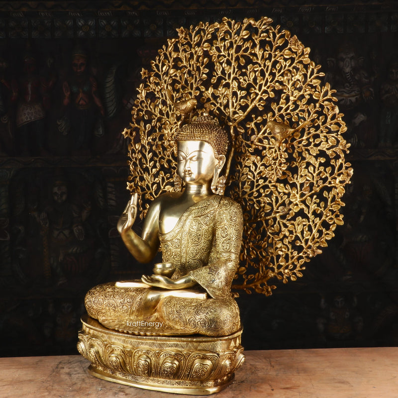 Brass Buddha Statue With Bodhi Tree For Home Decor Showpiece 30"